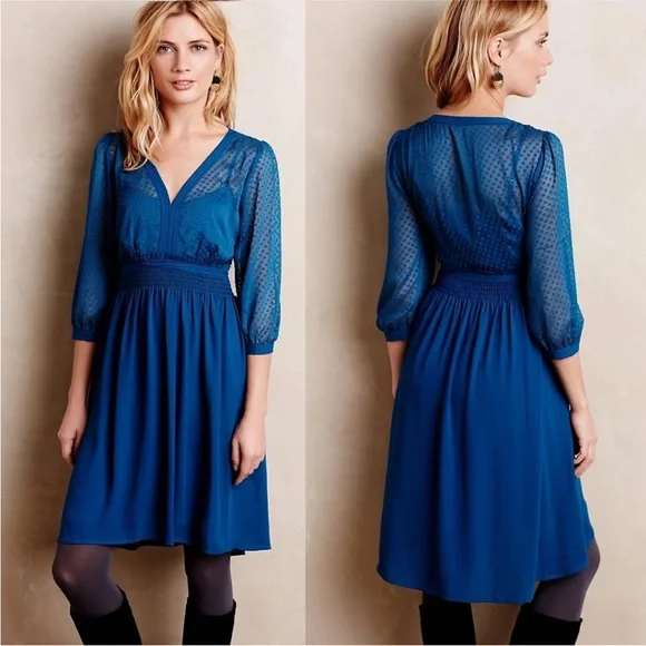 Anthropologie HD in Paris Celeste Swiss Dot Chiffon Teal Blue Dress - Picture 1 of 11